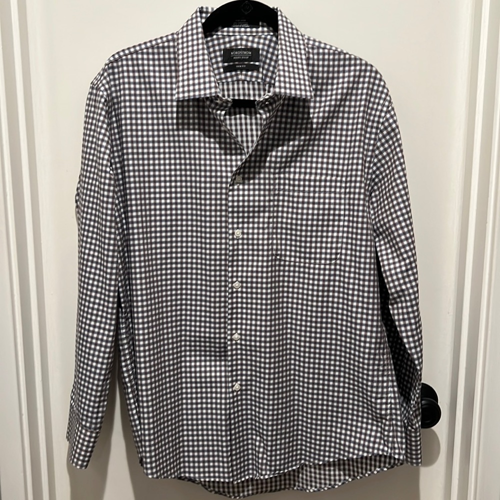 Men’s button shirt from Nordstrom. Blue/brown. Neck 16.5. 32-33 trim fit